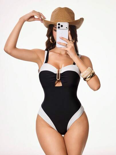 Shapewave 1pc Fashionable Sexy Shapewear Swimsuit With Removable Padded Cups And Adjustable Straps, Black & White Color Block Lace-Up Design With Golden V-Shaped Decor, One-Piece For Women, Suitable For Spring/Summer