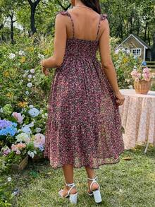 SHEIN 孕妇碎花甜心领荷叶边褶皱露背连衣裙，夏季度假风 - 彩色 - 查看 2