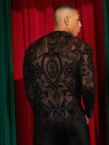 EASEVO 男士加大码网眼透视圆领休闲长袖T恤 - 黑色 - 查看 2