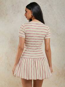 COSMINA 女士条纹圆领短袖荷叶边迷你连衣裙 - 彩色 - 查看 2