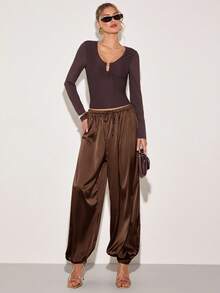 COSMINA 女士纯色弹力腰抽绳休闲宽松裤 - 棕色 - 查看 7