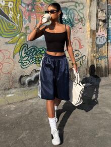 Muchica 女士编织带拼接休闲宽松百慕大短裤 - 寶藍色 - 查看 5