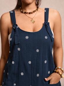 Freevana 100% Cotton Plus Size Women's Daisy Embroidery Inspired Double Pocket Casual Romper - Navy Blue - View 10