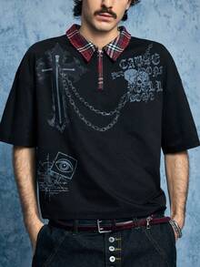 ROMWE MEN Street Life Men's Casual Polo Patchwork T-Shirt - Black - View 1