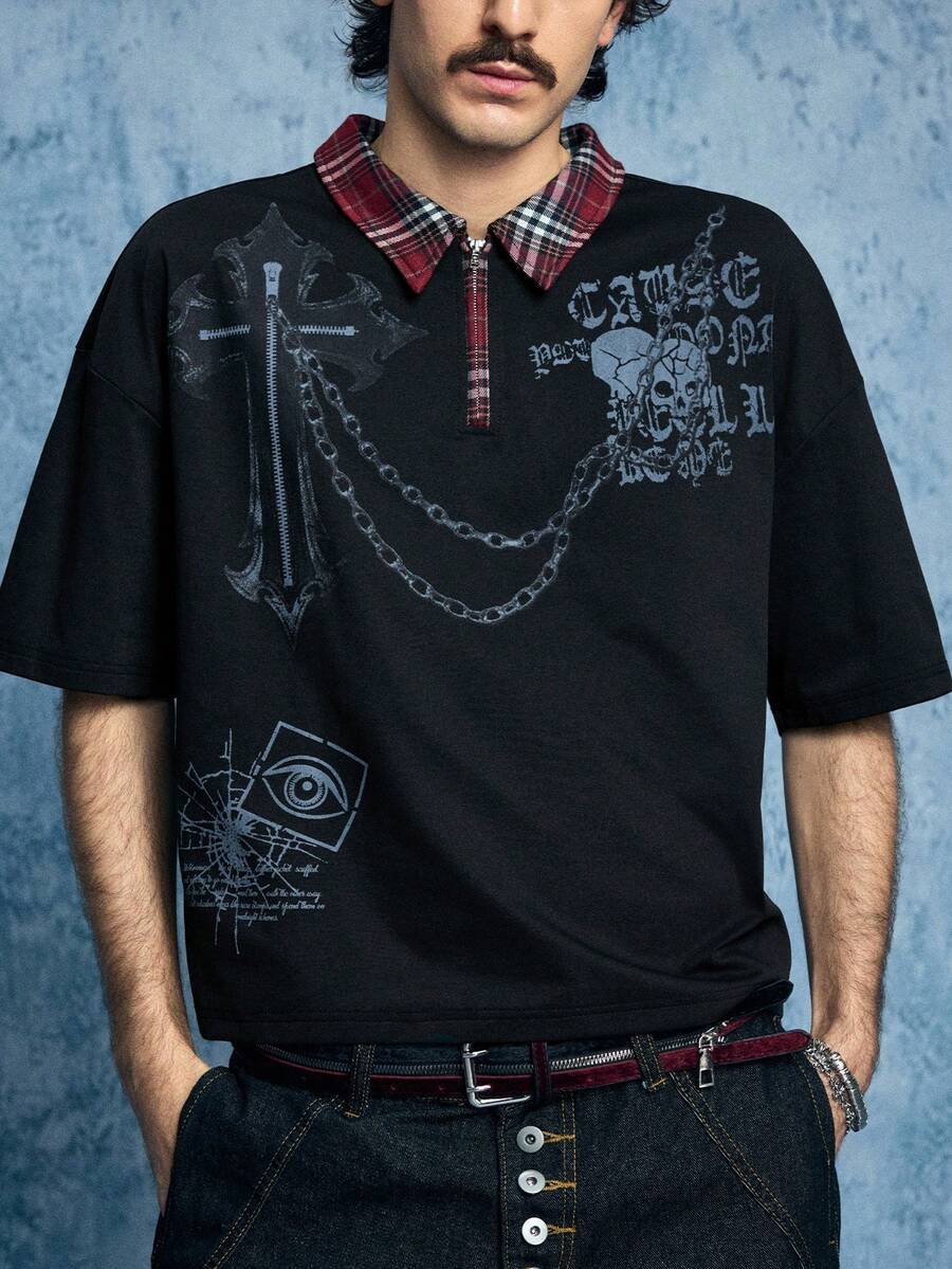 ROMWE MEN Street Life Men's Casual Polo Patchwork T-Shirt - Black - View 1