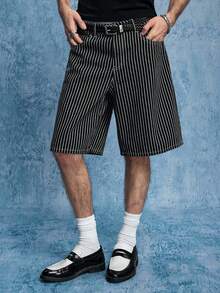 ROMWE MEN Street Life Men's Striped Letter Embroidered Pocket Casual Denim Shorts - Black - View 4