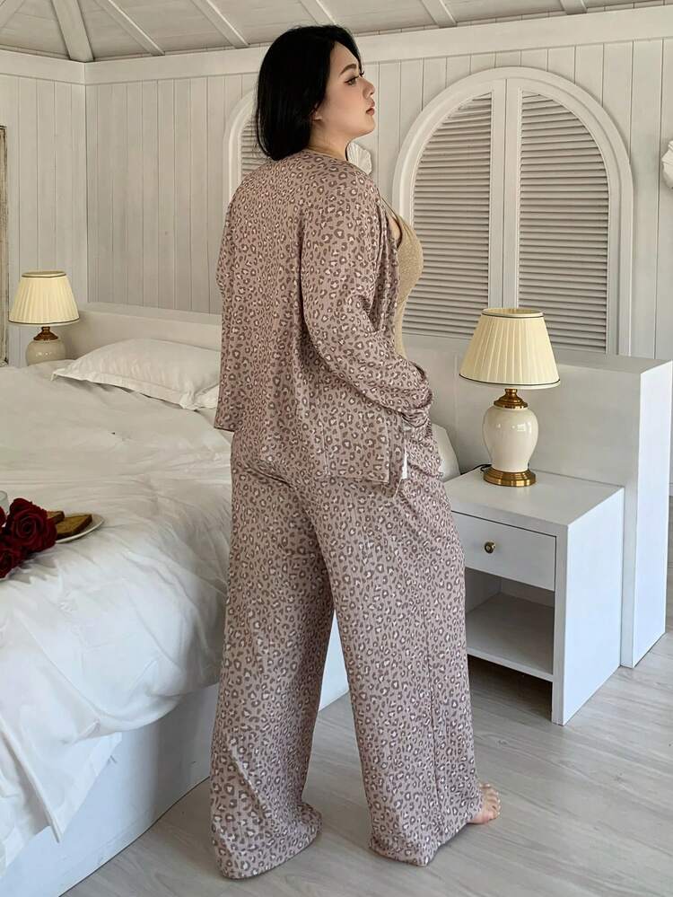 Dazy Plus Plus Size Comfortable Leopard Print Button Front Long Sleeve Top And Solid Color Camisole And Pants Pajama Set, Autumn
