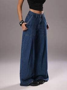 TRNVIE Women's Pocketed Button Pleated Casual Versatile Daily Wear Wide Leg Jeans - Medium Wash - View 4