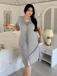 Dazy Plus Plus Size Solid Color Minimalist Short Sleeve Nightgown Summer - Grey - View 8