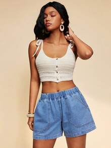 Travachic 女士休闲弹力腰牛仔短裤，夏季 - 淺色水洗藍 - 查看 2