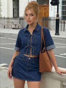 Siren Gaze 女士翻领短袖系带休闲牛仔衬衫 - 深色水洗藍 - 查看 5