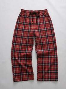 SWAVVY 男士休闲抽绳腰宽松格子裤 - 紅色 - 查看 5