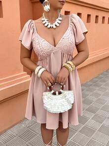 SHEIN LUNE Plus Size Women's Casual Vacation & Daily Wear Lace Decor Waist Fit & Flare Ruffle Sleeve Short Dress, Spring/Summer - Dusty Pink - View 4