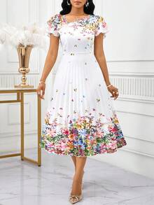 SHEIN Lady Petite Elegantes weißes Blumen Sommerkleid für Frauen, kurzes Trompetenärmel Rundhals Rüschen Midi-Länge Sommerkleid, Brunch Strand Resort Kleidung Hochzeitsgast Party, zierliche Frauen - Verschiedenfarbig - Übersicht 4