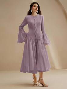 Anewsta Gaun Putih Elegan Lengan Panjang Model Mengembang dengan Kancing di Lengan - Mauve Purple - View 4