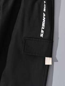 男童休闲印花宽松工装裤，带口袋，适合通勤、上学、日常休闲、旅行、运动，春、夏、秋、冬皆宜，黑色工装裤 - 黑色 - 查看 7