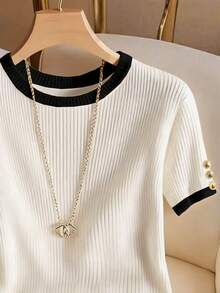 SHEIN Colorblock Ribbed Knit Crew Neck Short Sleeve T-Shirt, Spring/Summer - Black and White - View 3