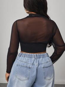 Truni 1 pieza Blusa de malla de punto negra para mujer (excluye el camisón) - Negro - Ver 2