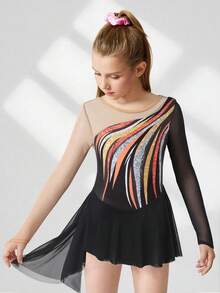 SHEIN Bộ trang phục trượt băng nghệ thuật cho bé gái tuổi teen, họa tiết hoa màu hồng cánh sen, trang nhã, đính đá lấp lánh, tay dài, chân váy lưới ôm sát, thoải mái và thời trang cho thi đấu và tập luyện. - Nhiều màu - Xem 3