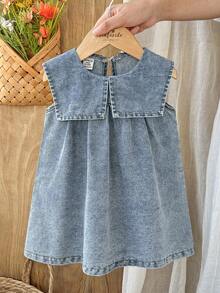 Vintaside Kids Babygirl Infant & Baby GirlSummer Collar Sleeveless Fashionable Casual Simple Washed Denim Dress, Suitable For Travel, Camping Or Daily Casual Wear - Blue - View 1