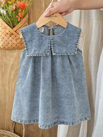 Vintaside Kids Babygirl Infant & Baby GirlSummer Collar Sleeveless Fashionable Casual Simple Washed Denim Dress, Suitable For Travel, Camping Or Daily Casual Wear