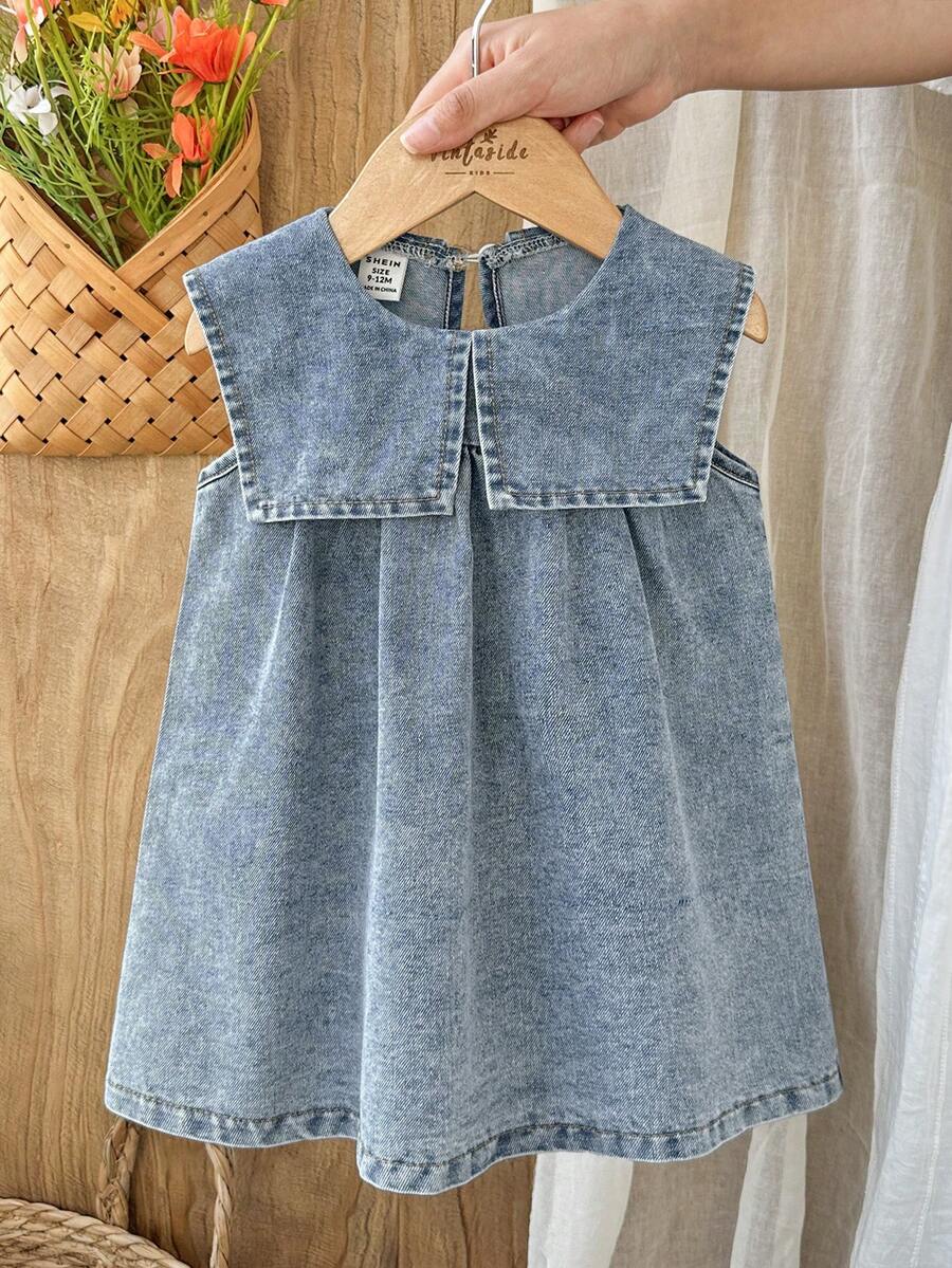 Vintaside Kids Babygirl Infant & Baby GirlSummer Collar Sleeveless Fashionable Casual Simple Washed Denim Dress, Suitable For Travel, Camping Or Daily Casual Wear - Blue - View 1