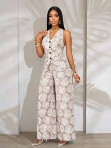 SOLERSUN Women's Casual Vacation Style Random Floral Print 3-Piece Set: Vest, Halter Neck Top, And Pants - Khaki - View 8