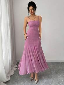 Modelyn Women's Elegant Knitted Jacquard Sequin Rhinestone Mesh Slip Dress, Long Dress For Party And Occasion, Summer - Purple - View 1