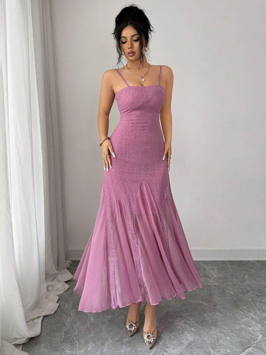 Modelyn Women's Elegant Knitted Jacquard Sequin Rhinestone Mesh Slip Dress, Long Dress For Party And Occasion, Summer - Purple - View 1