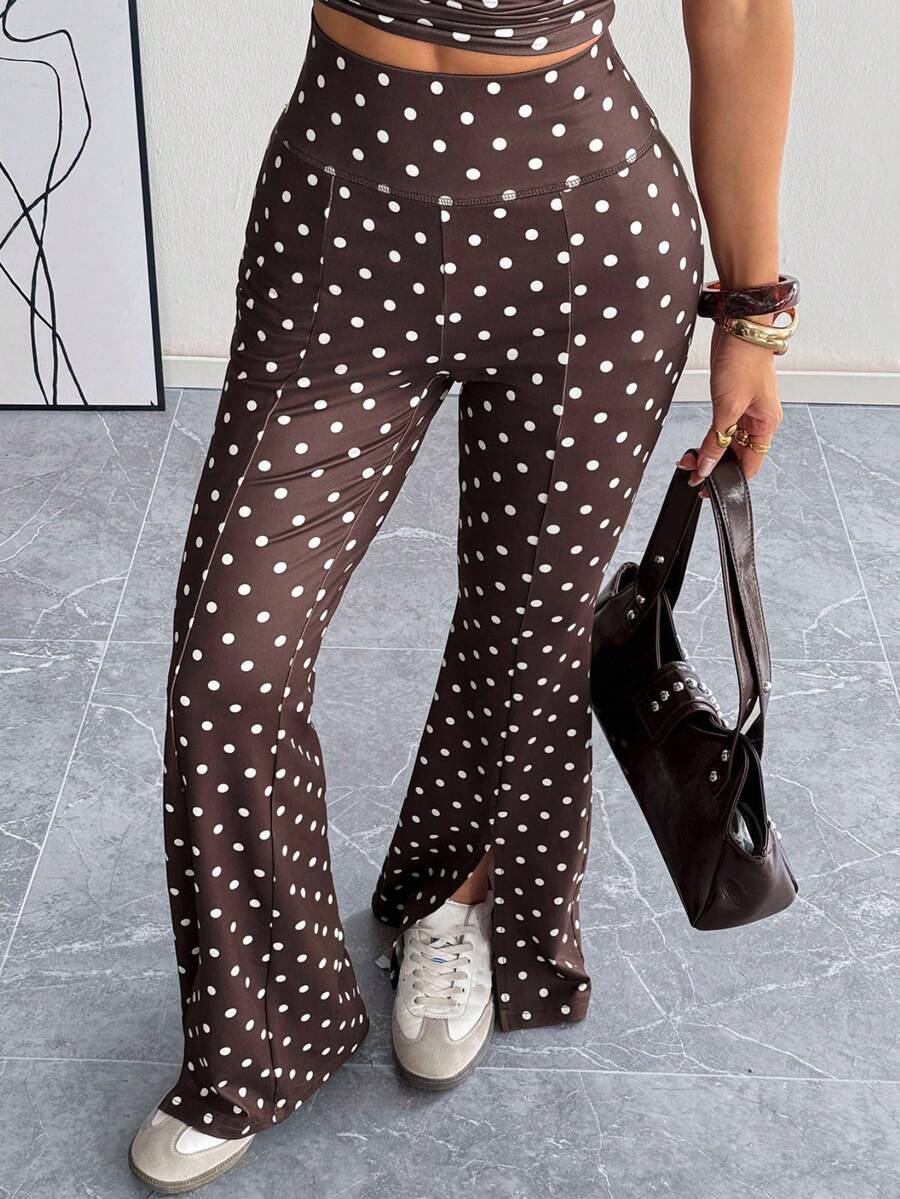 SHEIN EZwear 女士波点高腰休闲百搭通勤喇叭裤 - 咖啡棕 - 查看 1