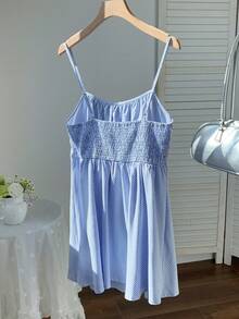 SHEIN EZwear 蓝色条纹编织吊带迷你连衣裙 - 藍白色 - 查看 3
