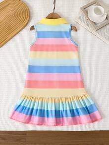 SHEIN 少女休闲彩色条纹印花无袖连衣裙 - 彩色 - 查看 2