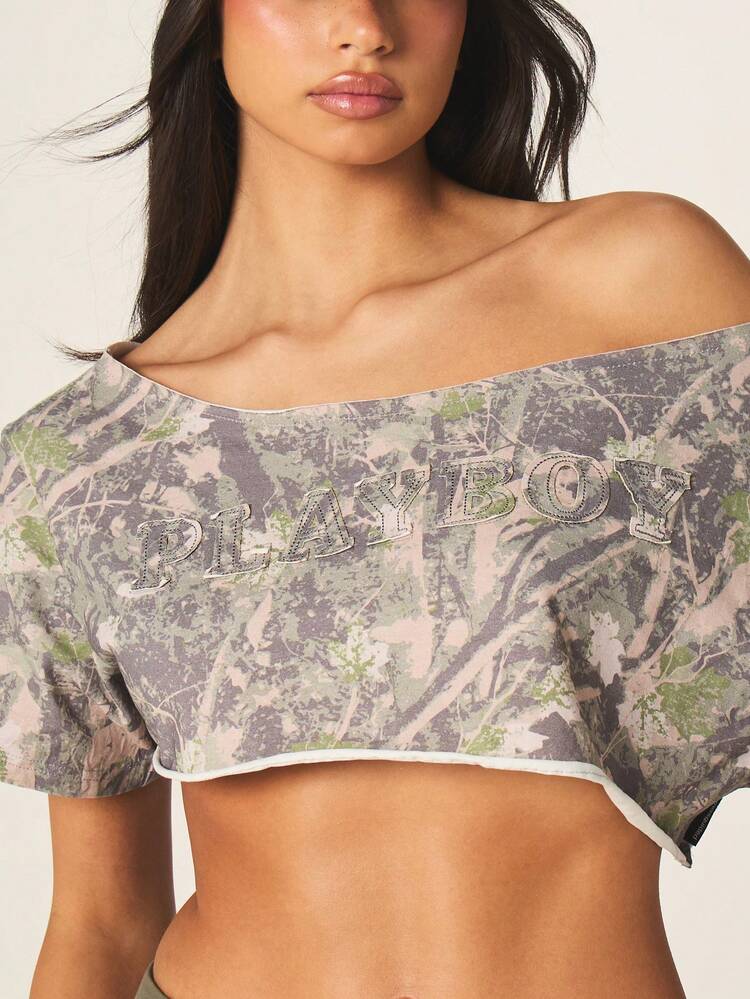 Missguided x Playboy Camo Print Off-Shoulder Short Sleeve Crop Top With Logo Text