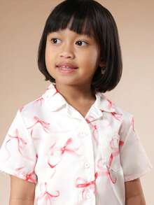 SUMWON Girls Button Down Pajama Set With Pink Bow Print Pattern Short Sleeve Collar Top Matching Shorts Sleepwear Nightwear - Baby Pink - View 5
