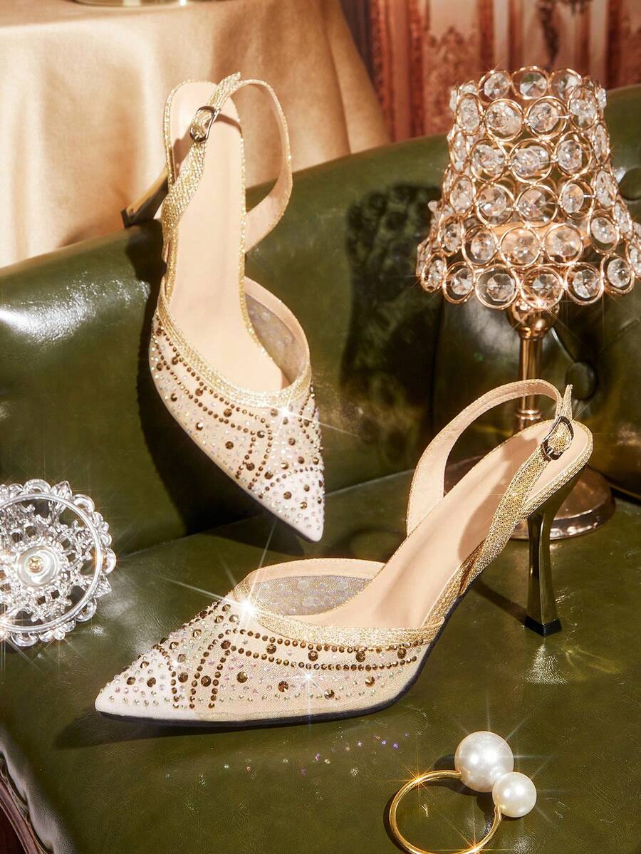 CUCCOO TILAWA 优雅女士尖头搭扣细高跟鞋 - 时尚性感水钻网眼透气别致百搭女士高跟鞋 - 适合婚礼、晚宴、派对和舞会 - 金色 - 查看 1