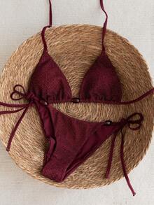 Swim SXY 2026春夏两件套女士纯色性感豹纹随机印花细肩带露背侧系带比基尼套装 - 酒紅色 - 查看 2