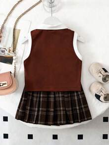 Genkimix Kids 女童春夏Polo衫套装，白色纯色罗纹针织背心搭配棕色梭织百褶裙两件套，学院风，可爱休闲，适合上学、郊游、派对、度假等场合。格子裙套装，女童棕色Polo衫套装，女童百褶裙套装，校服两件套，夏季格子裙蝴蝶结套装，女童棕色裙子套装，格子百褶裙套装，女童Polo衫套装，深棕色衬衫，棕色衬衫，棕色裙子，棕色连衣裙，棕色衬衫，棕色 - 棕色 - 查看 2
