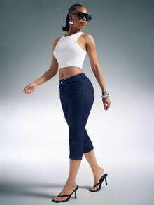 Denimoi High Stretch Knit Denim Capri Pants Fashionable Capri Jeans - Dark Wash - View 2