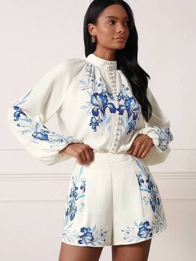 Lilora סט 2 יחידות לנשים עם הדפס פרחוני אלגנטי וצווארון כפתורים בחזית, טופ ומכנסיים קצרים עם שרוולים ארוכים