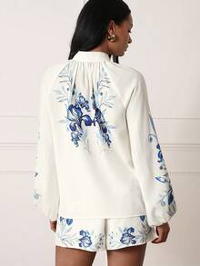 Lilora Bộ 2 món nữ thanh lịch in hoa, cổ cài cúc phía trước, tay dài và quần short. - Nhiều màu - Xem 2