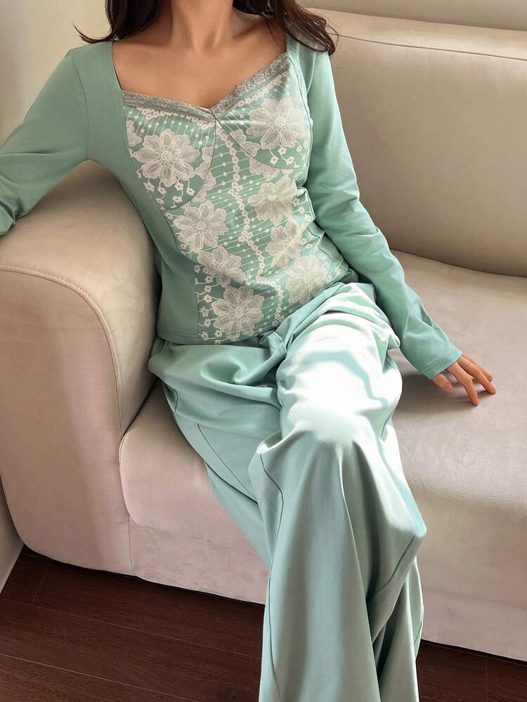 2pcs Women Lace Trim Faux Lace Print Long Sleeve T-Shirt And Loose Straight Leg Long Pajama Pants Sleepwear Set, Spring