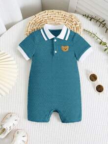 新生儿男女宝宝绿色柔软舒适提花面料连体衣，撞色针织，翻领短袖半拉链设计，开裆短裤，适合度假、居家、户外活动 - 藍色 - 查看 7