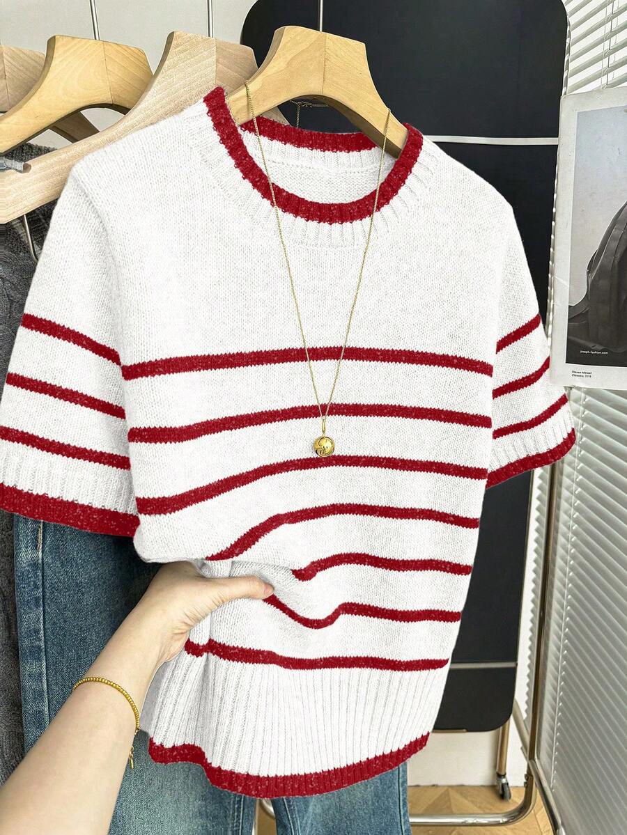 Franclia Nueva llegada Primavera/Verano Estilo coreano Casual Suelta Personalizada Blusa de punto de mujer a rayas con contraste de color - Rojo y blanco - Ver 1