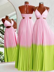 Flirla Elegant Sexy Contrast Color Slip Dress, Suitable For Beach Vacation - Green - View 2
