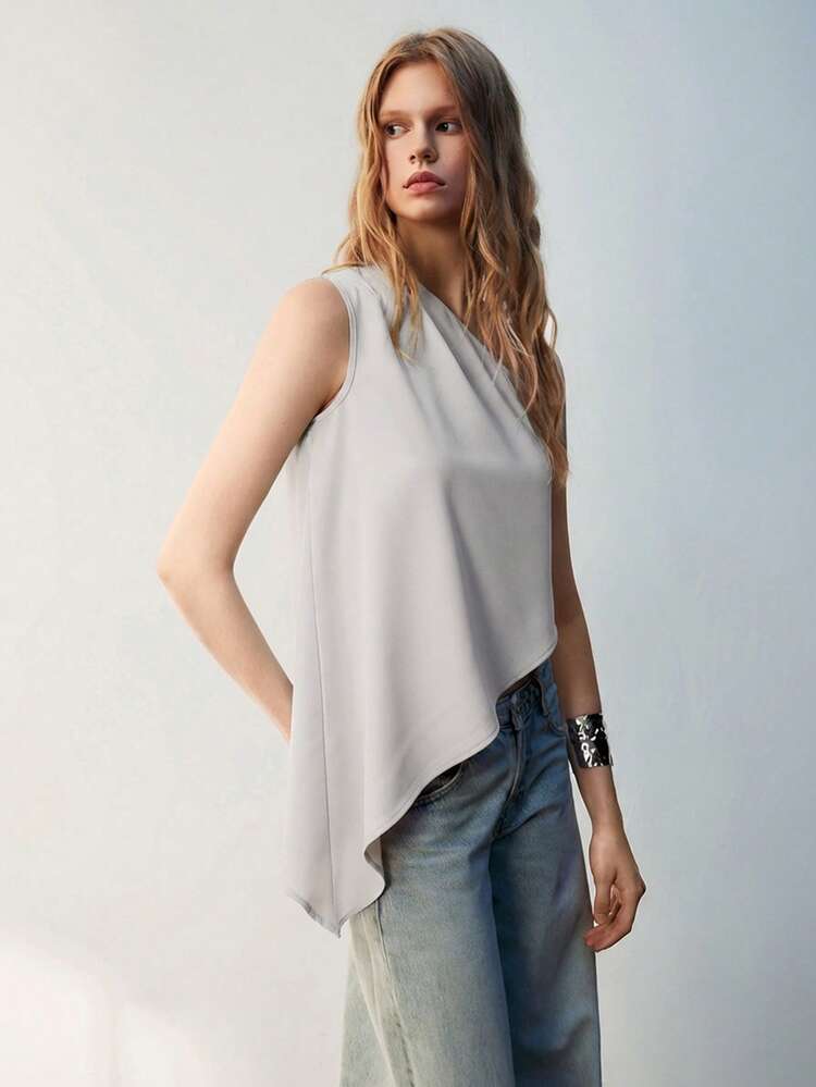 SHEIN Maija Women's Summer Asymmetric Ruched Sleeveless Casual Top, Solid Color Office Wear St Patrick's Day Women Easter Summer Party Top Beach Summer Holiday Each Vacation For Women Summer For Women Going Out Graduation Casual Top For Women