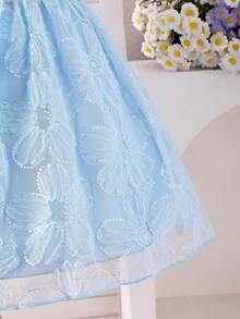 SHEIN Girls' Peter Pan Collar Floral Waist Puff Skirt Tulle Party Dress With Puff Sleeves, Elegant For Gatherings And Occasions, All Seasons Kids Blue Dresses Girls Blue Dresses Ballerina Baby Blue Princess Childrens Blue Floral Dress Small Girl Sky Blue Dresses Jacquard Dresses For Kids Small Girl Blue Dresses Kids Jacquard Dresses Toddler Girl Blue Dresses Girls Puff Sleeve Dresses Kids Light Blue Dresses Summer Tops New Ss26 Fashion Squishy Summer Outfits - Blue - View 3