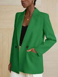 Aveloria Modichic Women's Business Style Solid Color Double-Breasted Blazer Jacket For Commuting, Autumn  - Green - View 6