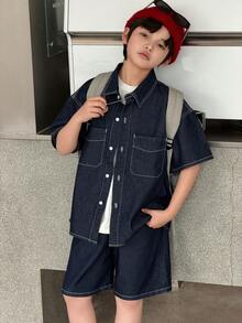 DAZY Tween Boy Summer Casual Shirt And Denim Shorts Set - Blue - View 3