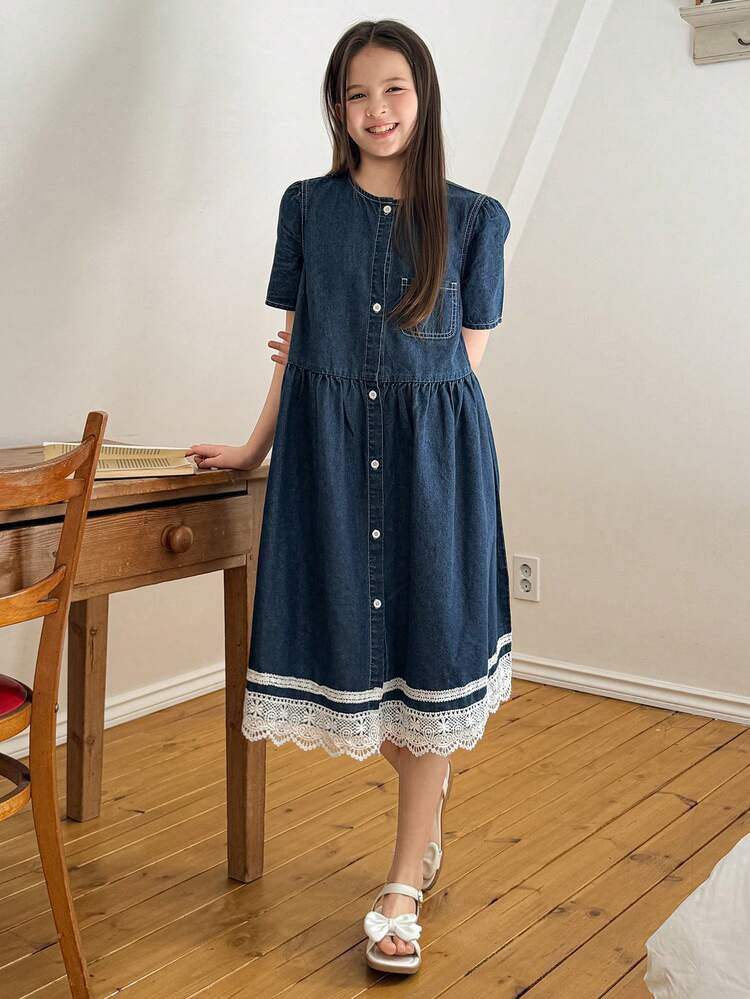 Girls' Round Neck Short Sleeve Denim Dress, Tween Girl Fall Clothes