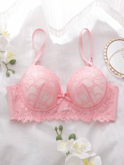 Pink Lace Patchwork Bra With Underwire, High Support, Lift And Gather, Cute Bow Decor, Charming Women's Lingerie